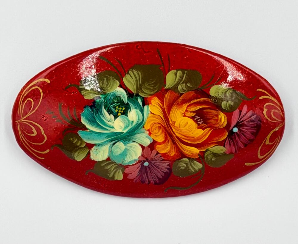 Zhostovo Wooden Brooch Vintage Hand-painted Floral Signed Russia Folk Art